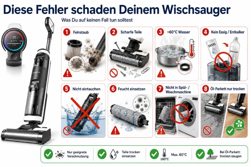 Infografik über Wartungsfehler die die Lebensdauer eines Tineco Wischsaugers verkürzen
